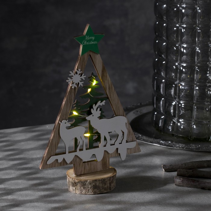 Фигура светодиодная деревянная Ёлочка с оленями, 20х13х5 см, CR2032 в комплекте, 6 LED, свечение тёплое белое