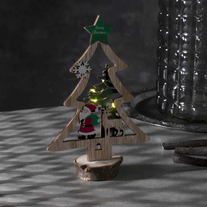 Светодиодная фигура Ёлка с Дедом Морозом 13 20 5 см, дерево, батарейки CR2032х1, свечение тёплое белое