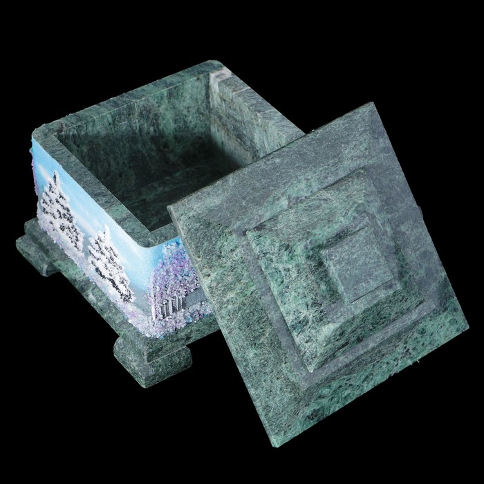 Шкатулка квадратная рисованная, на каменных ножках, с двойной крышкой