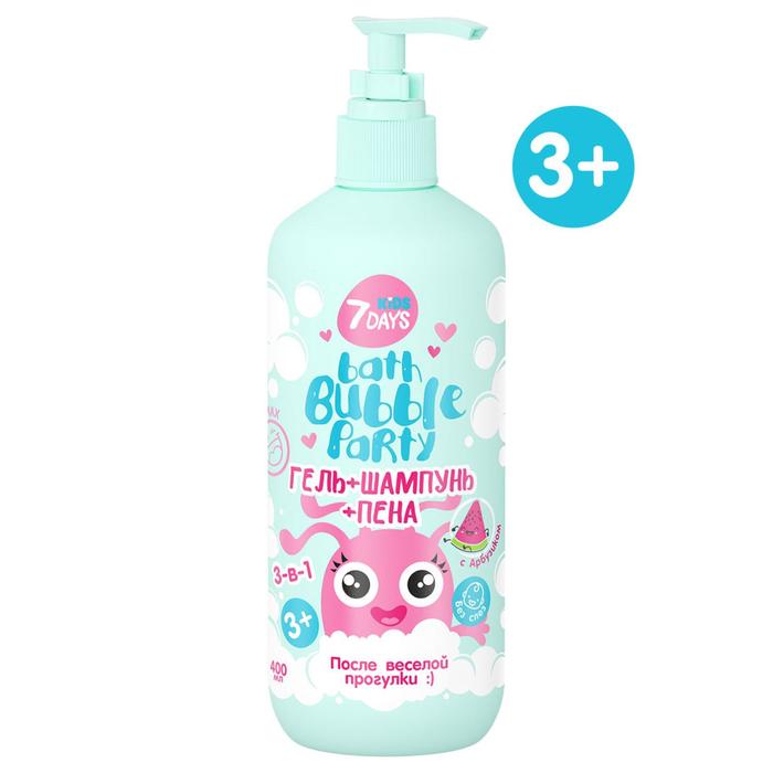 

Гель+шампунь+пена 3-в-1 7DAYS BATH BUBBLE PARTY с Арбузиком, 400 мл