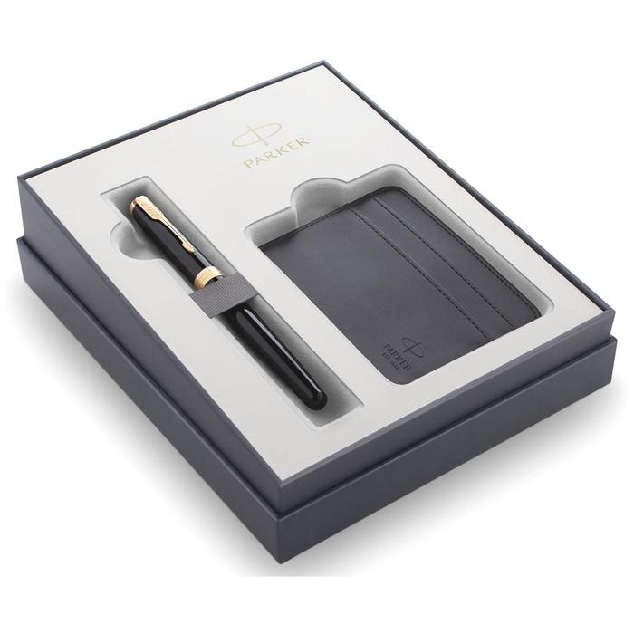 фото Набор parker 2020, ручка перьевая parker sonnet core f530 lacquer deep black gt m + чехол для карт (2121991)