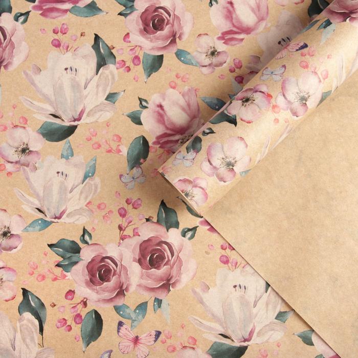 Бумага упаковочная крафтовая «Нежные цветы», 70 × 100 см