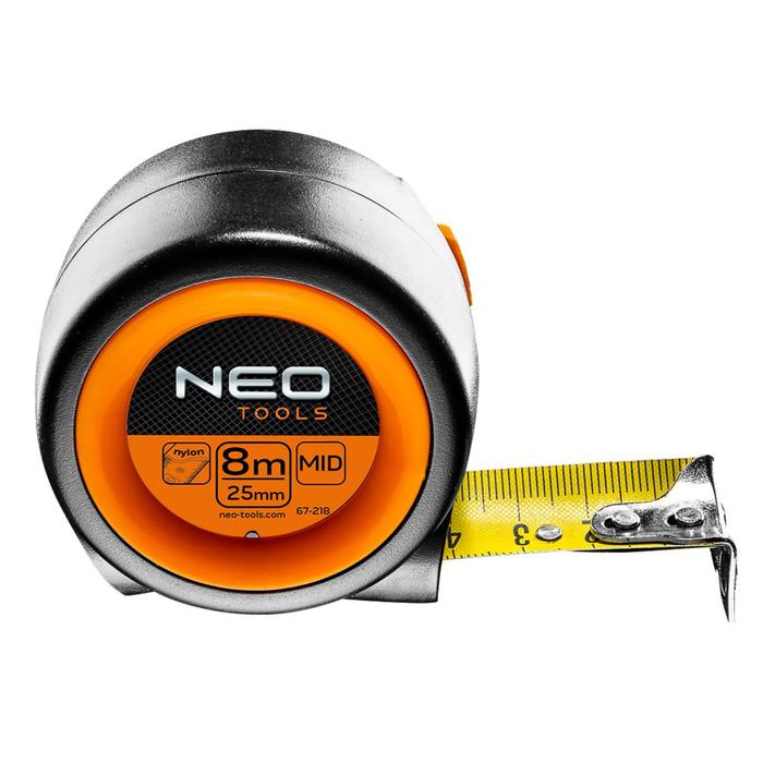Рулетка NEO 67-218, 8 м х 25 мм, стальная, нейлоновое покрытие, автостоп, магнитный зацеп