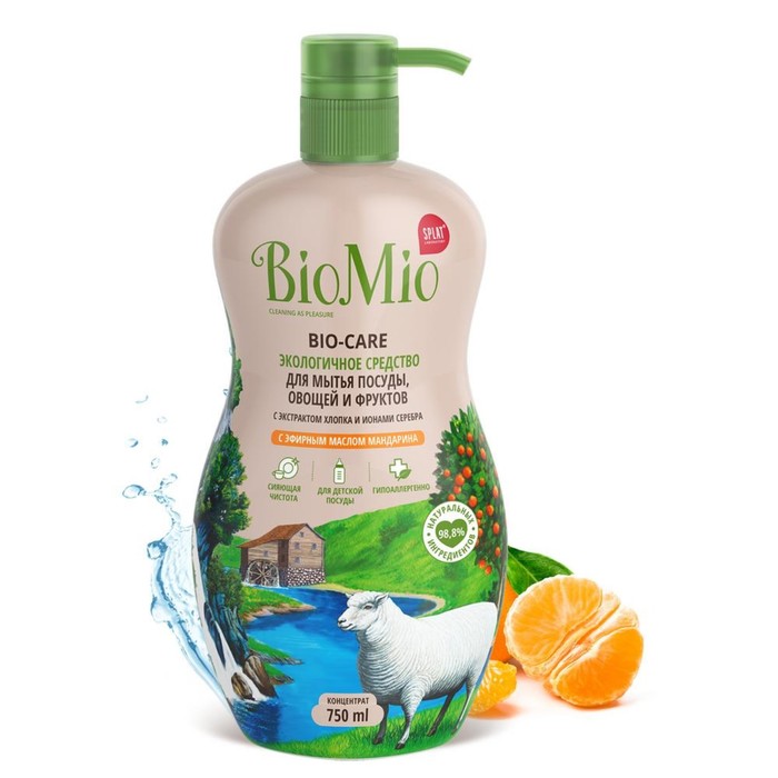 Средство для мытья посуды, овощей и фруктов BioMio Bio-care Мандарин, концентрат, 750 мл концентрат для мытья посуды овощей и фруктов biomio bio care без запаха сменный блок 500 мл