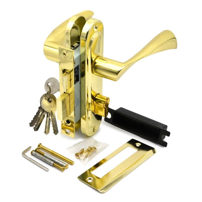 фото Замок врезной с ручками 50/76pb, 24 цм, на планке ключ-ключ, цвет золото soller