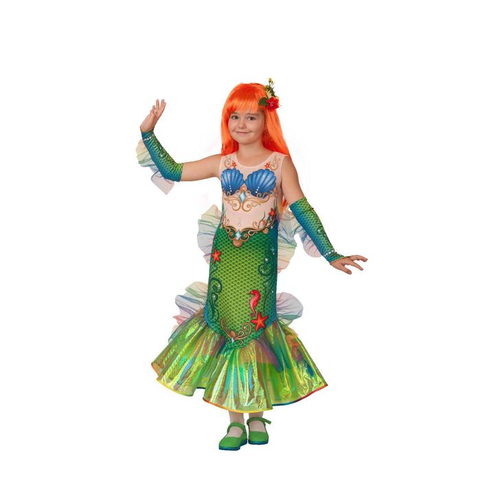 Карнавальный костюм «Русалочка», платье, перчатки-митенки, парик, брошь, р. 32, рост 128 см