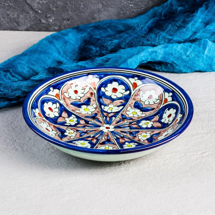 Тарелка Риштанская Керамика Цветы, синяя, глубокая, 20 см МИКС