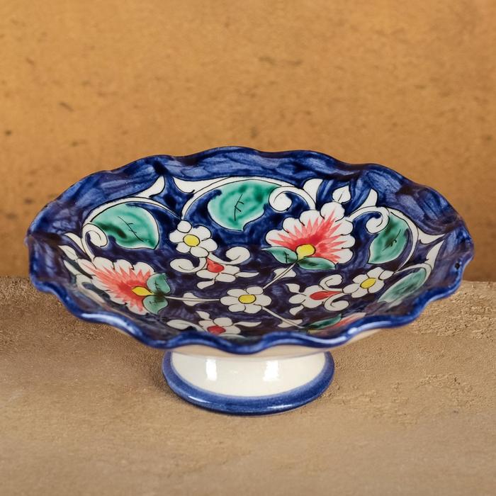 Конфетница Риштанская Керамика Цветы, 16 см, синяя