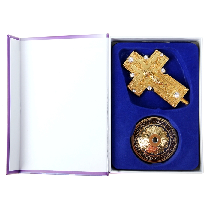 Крест на подставке "Православный с каменьями", золотистый цвет
