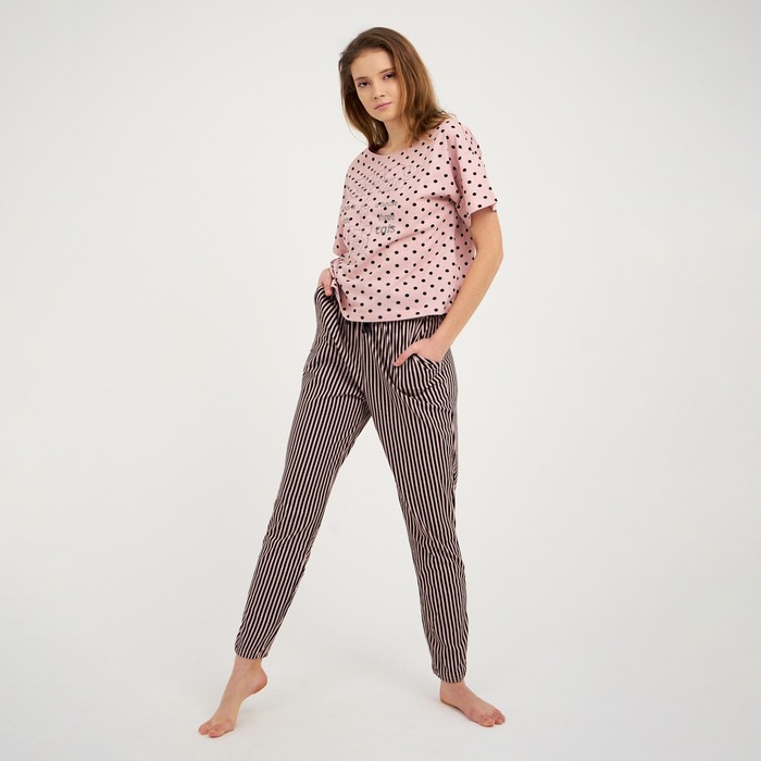 фото Комплект женский (футболка, брюки), цвет розовый/полоска/горох, размер 52 modellini