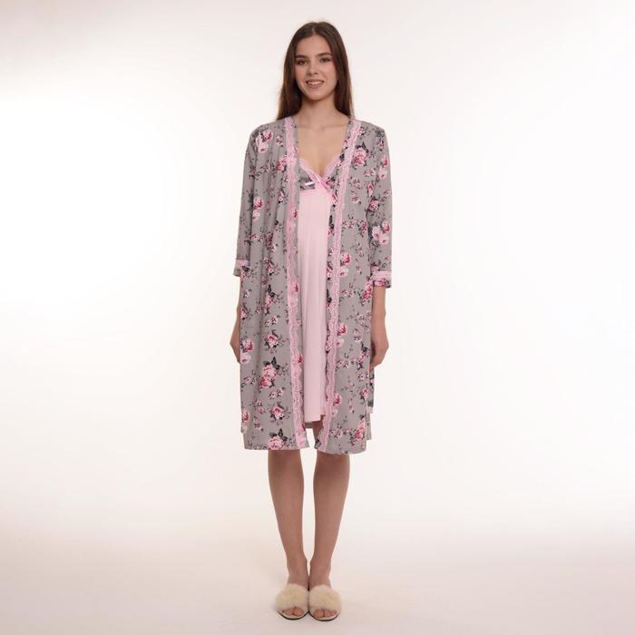 Комплект женский (халат, сорочка), цвет серый/розовый/цветы, размер 44