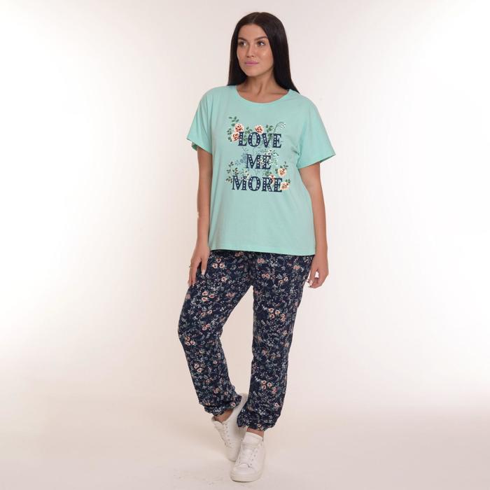 фото Комплект женский (футболка, брюки), цвет мятный/синий/цветы, размер 54 modellini
