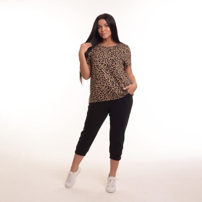 Комплект женский (футболка, бриджи), цвет леопард/чёрный, размер 56