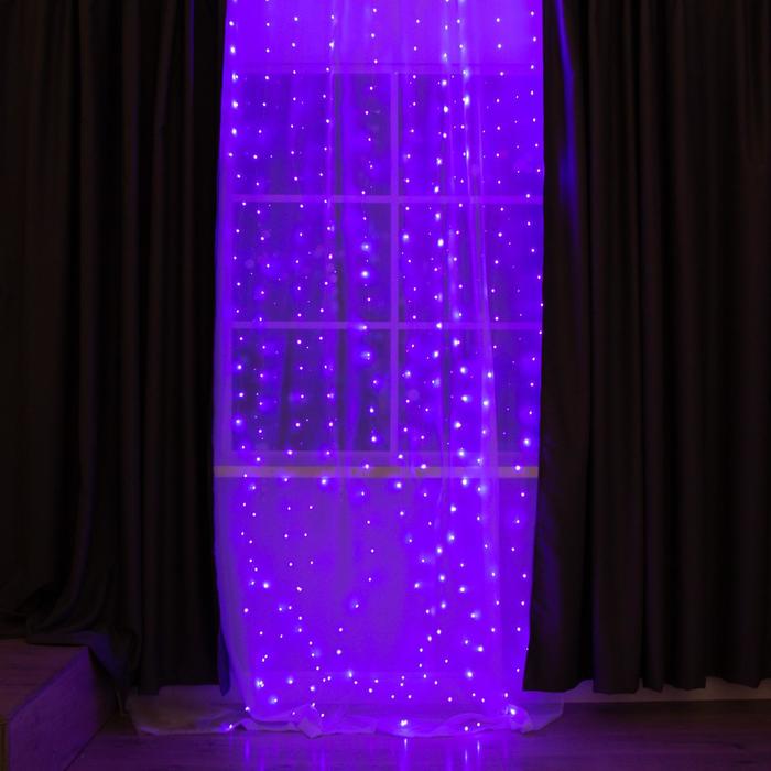 фото Гирлянда "занавес" 2.8 х 3 м роса на крючках, с пультом, ip20, прозрачная нить, 300 led, свечение фиолетовое, 8 режимов, usb luazon lighting