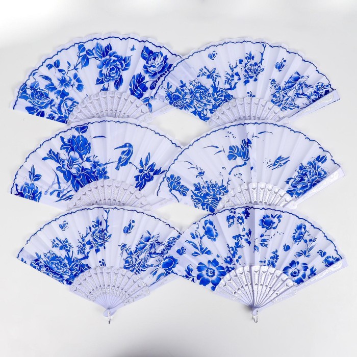 Веер пластик, текстиль "Синий рисунок на белом" МИКС 23 см