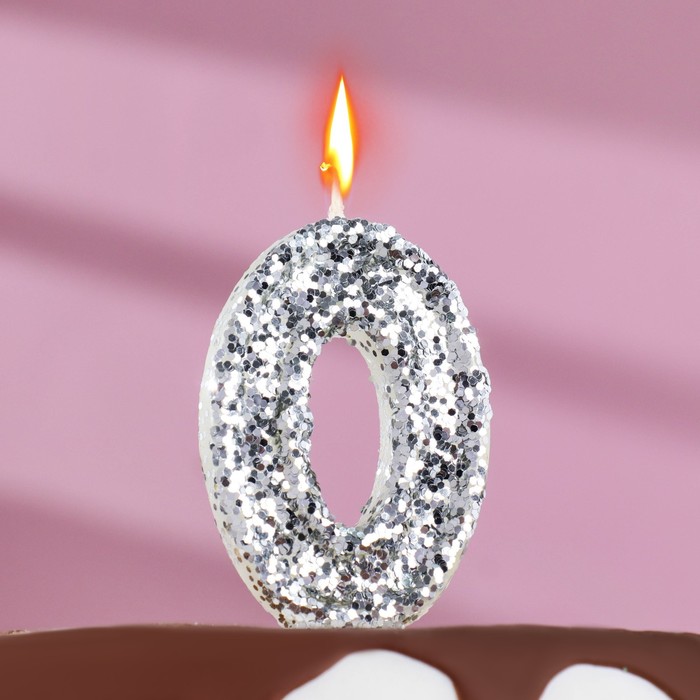 Свеча в торт «Блестки», цифра 0, серебро, 6.5х4