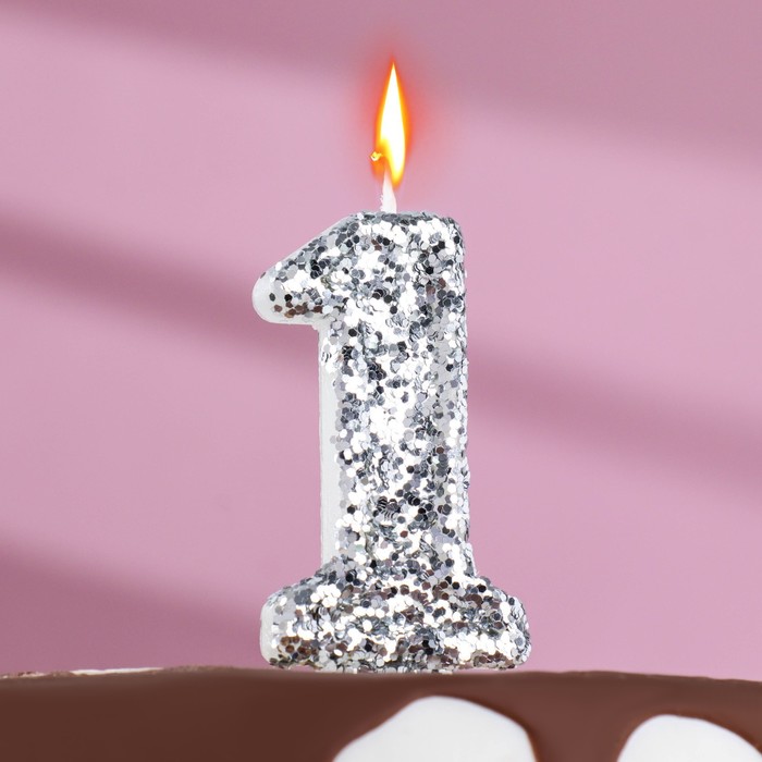 Свеча в торт «Блестки», цифра 1, серебро, 6.5х4