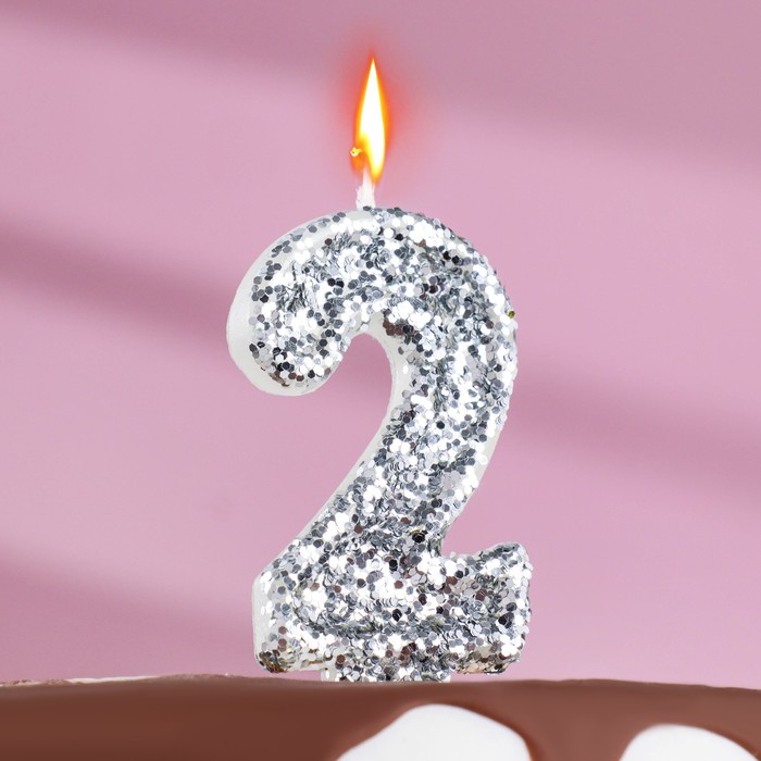 Свеча в торт «Блестки», цифра 2, серебро, 6.5х4 свеча в торт блестки цифра 5 серебро 6 5х4