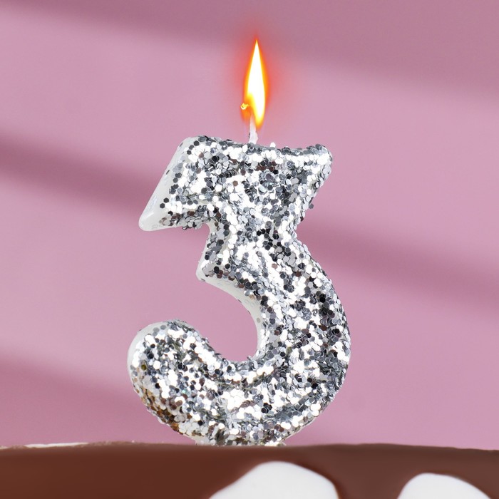 Свеча в торт «Блестки», цифра 3, серебро, 6.5х4 свеча в торт блестки цифра 5 серебро 6 5х4