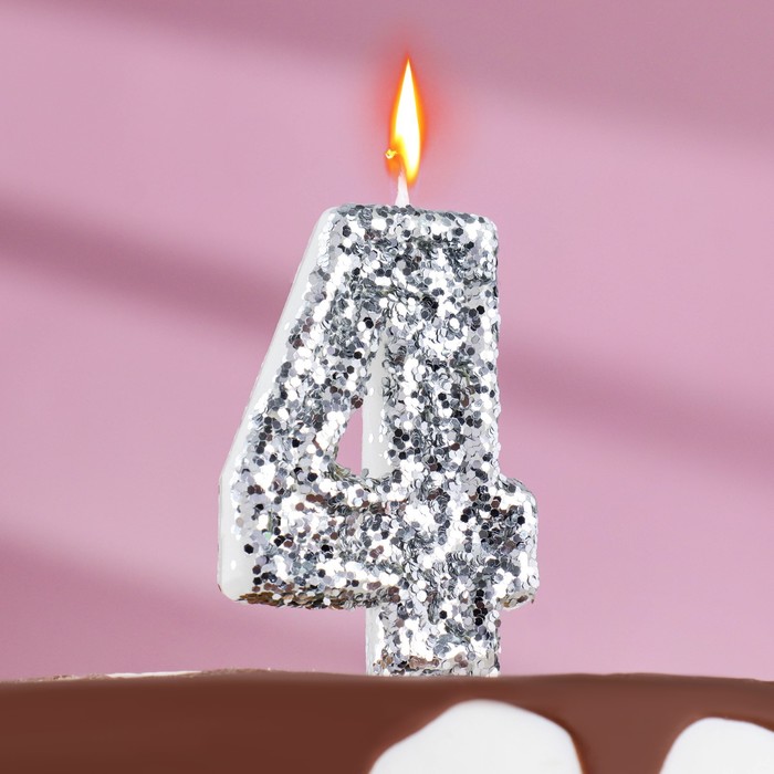 Свеча в торт «Блестки», цифра 4, серебро, 6.5х4 свеча в торт блестки цифра 5 серебро 6 5х4