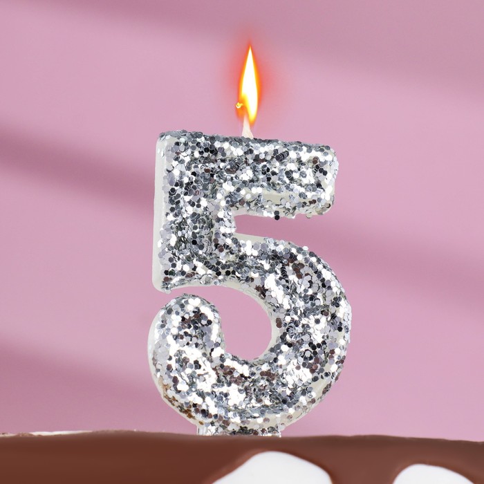 Свеча в торт «Блестки», цифра 5, серебро, 6.5х4