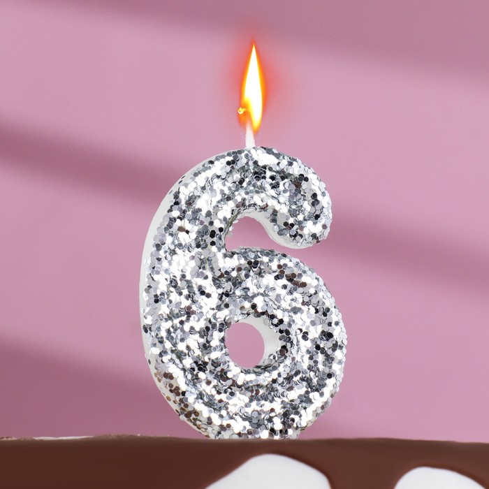 Свеча в торт «Блестки», цифра 6,серебро, 6.5х4 свеча в торт блестки цифра 5 серебро 6 5х4