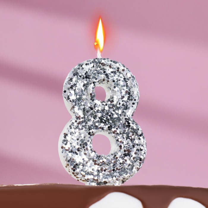 Свеча в торт «Блестки», цифра 8, серебро, 6.5х4 свеча в торт блестки цифра 5 серебро 6 5х4