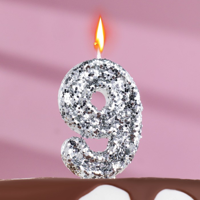 Свеча в торт «Блестки», цифра 9, серебро, 6.5х4