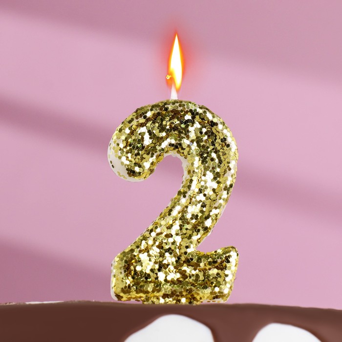 Свеча в торт «Блестки», цифра 2, золото, 6.5х4 свеча в торт блестки цифра 5 золото 6 5х4