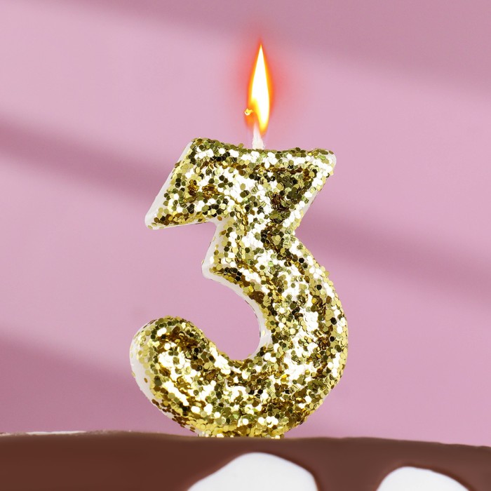 Свеча в торт «Блестки», цифра 3, золото, 6.5х4 свеча в торт блестки цифра 1 золото 6 5х4