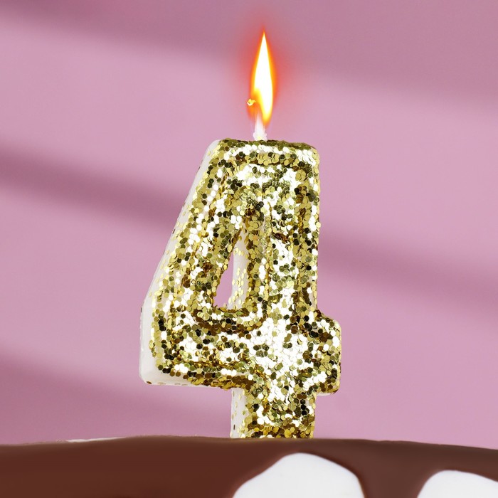 Свеча в торт «Блестки», цифра 4, золото, 6.5х4 свеча в торт блестки цифра 4 золото 6 5х4