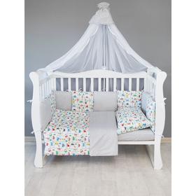 

Комплект в кроватку 18 предметов 6+12 подушек-бортиков, принт дорога, цвет белый-серый