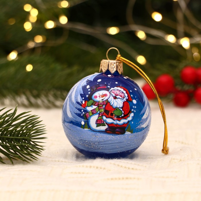 Ёлочный шар d-6 см  Снеговик у ёлки ручная роспись, синий