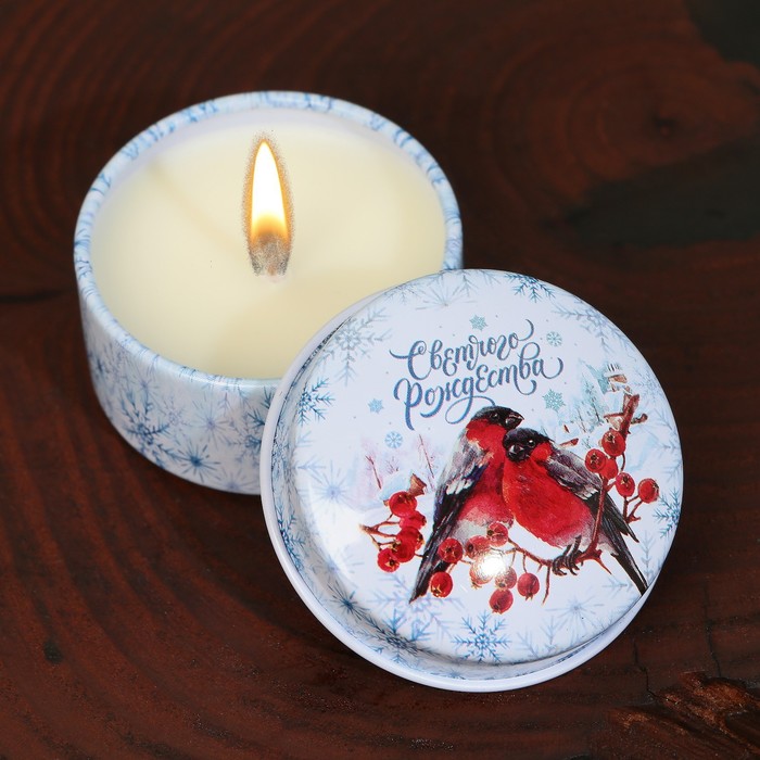 Новогодняя свеча в железной банке «Снегири», аромат ваниль, 4,5 х 4,5 х 2,5 см.