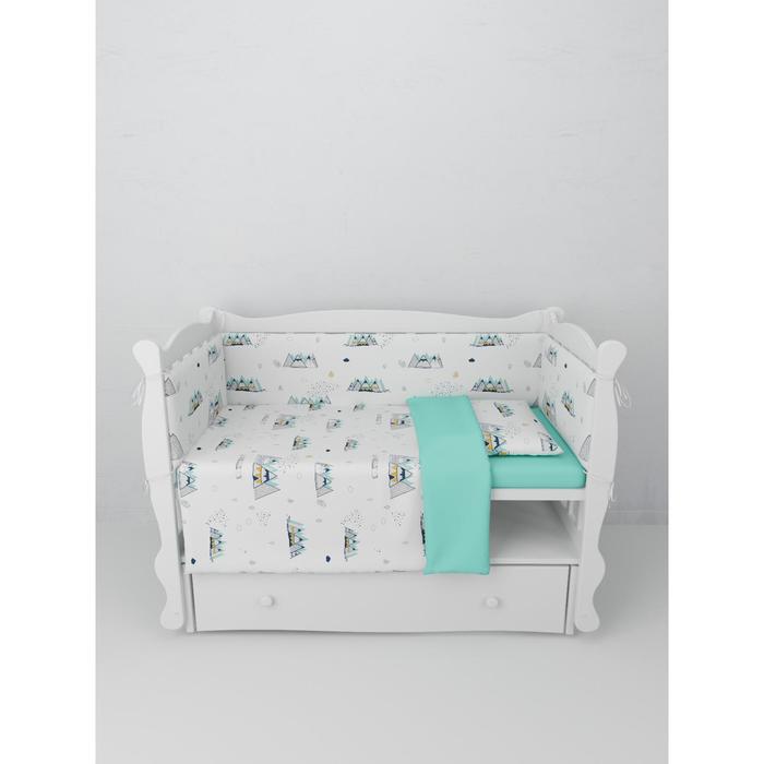 фото Комплект в кроватку 4 предмета 3+4 подушки-бортика, принт горы, цвет белый-мята amarobaby