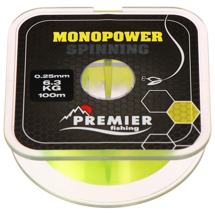 Леска Preмier fishing MONOPOWER Spinning, диаметр 0.25 мм, тест 6.3 кг, 100 м, флуоресцентная желтая