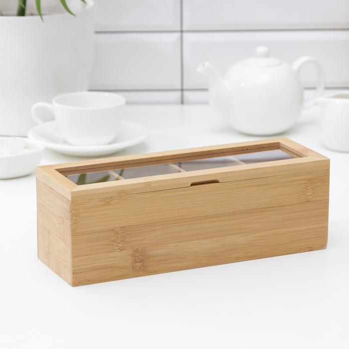 Ящик для чая, 4 секции, 26,5×9×9 см, бамбук