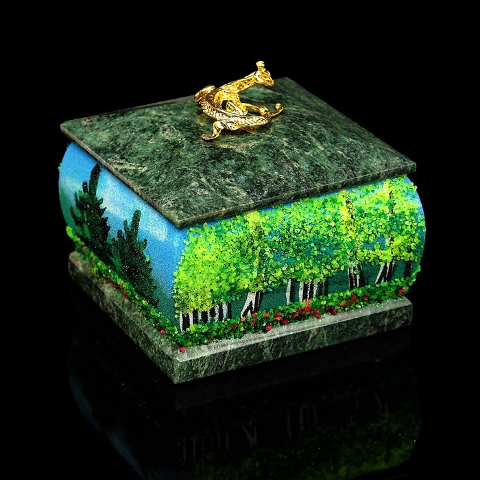 Шкатулка "Лето" с рисунком и ящеркой 7х7 см змеевик