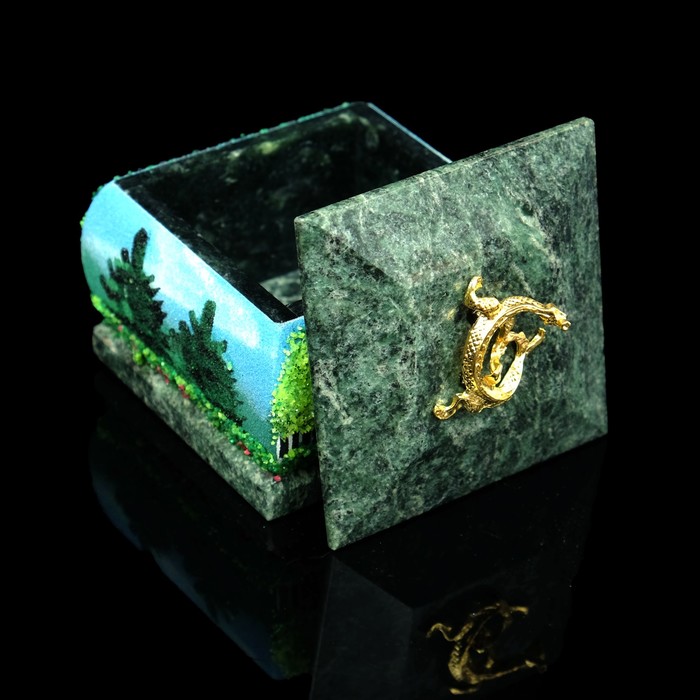 Шкатулка "Лето" с рисунком и ящеркой 7х7 см змеевик