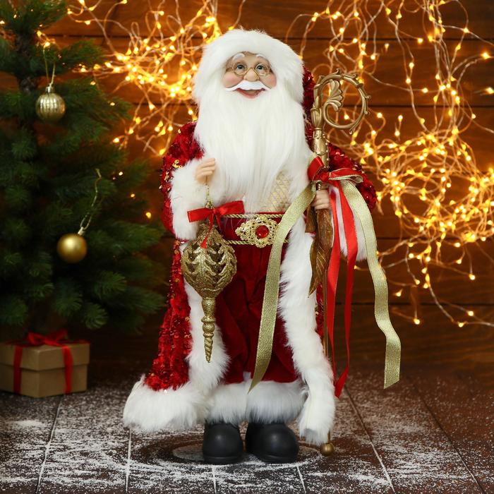 Дед Мороз В красном костюме, с узорным посохом и фонариком 27х50 см дед мороз в красном костюме с узором двигается музыка саксофон 160 см