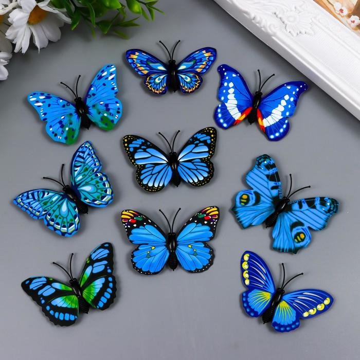 Магнит пластик Бабочка одинарные крылышки голубые 4х6 см