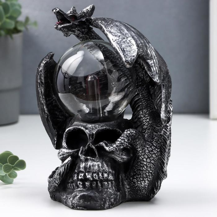 Плазменный шар Дракон и череп черный с серебряной патиной 15х15х17,5 см