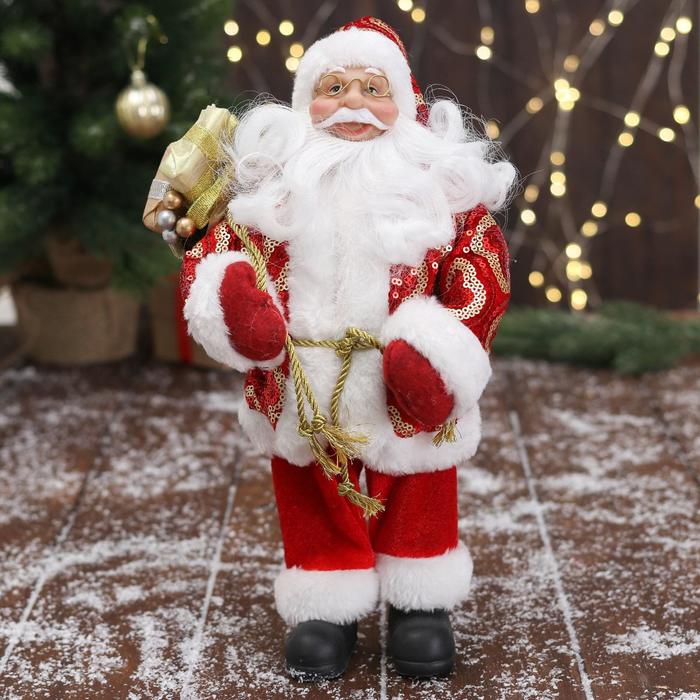 Дед Мороз В красной шубе с подвязкой, с подарками 16х30 см дед мороз в серо синей шубе с посохом и подарками 23х45 см