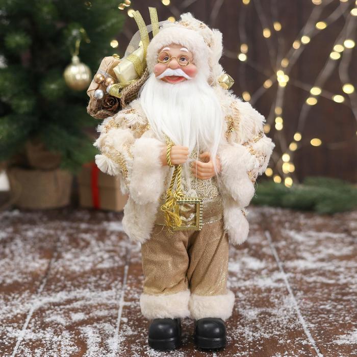 Дед Мороз В бело-золотистом костюме блеск, с подарками 30х15 см