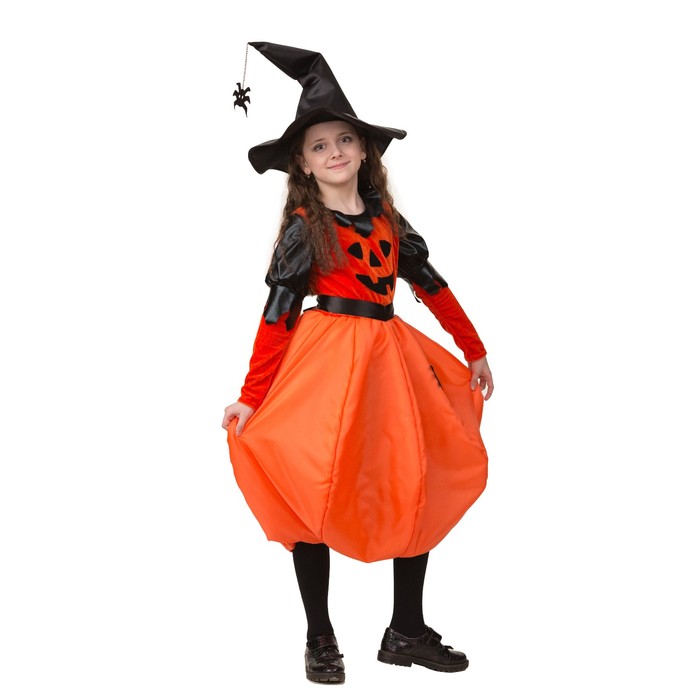 Карнавальный костюм «Тыквочка», платье, шляпа с пауком на цепочке, р. 32, рост 122 см