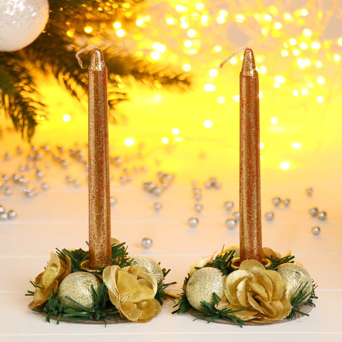 Подсвечники со свечами "Золотые цветы и шарики" (набор 2 шт.)