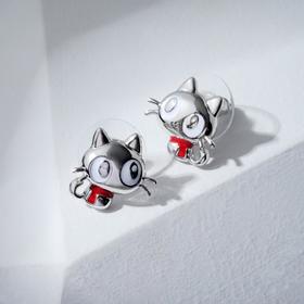 

Серьги эмаль "Котик" большие глаза, цвет красно-белый в серебре