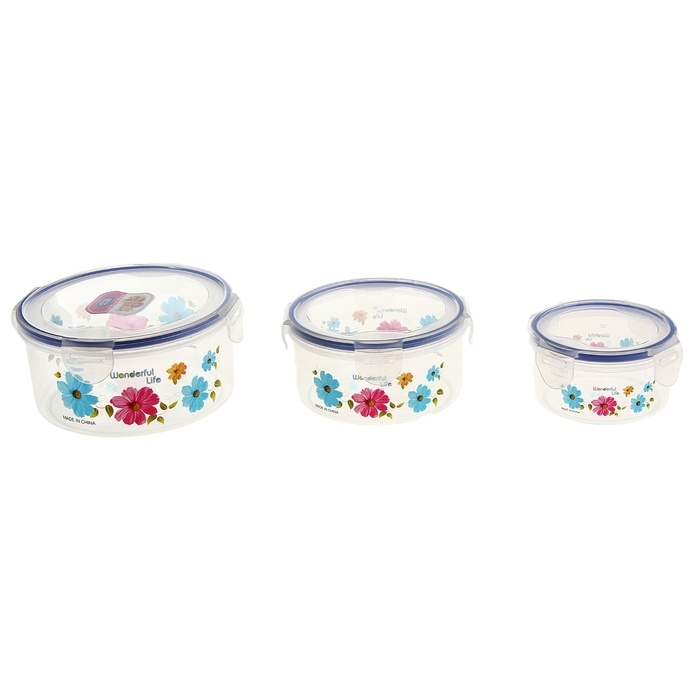 Набор пищевых контейнеров с крышками "Летние цветы", 3 шт: 15х7,5 см, 12,5х6,5 см, 10х5,5 см, цвет МИКС