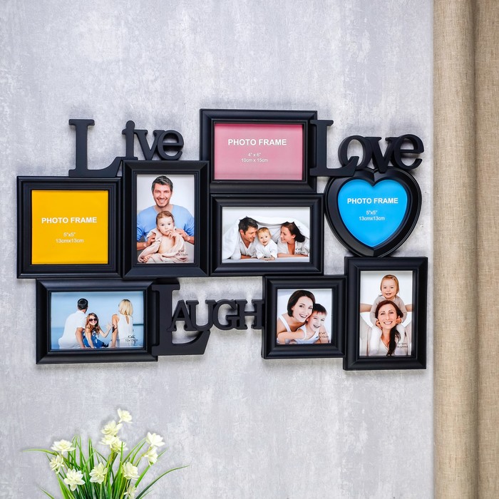 Фоторамка "Жизнь, любовь, смех" чёрная на 8 фото 10х10 см, 10х15 см, 13х13 см