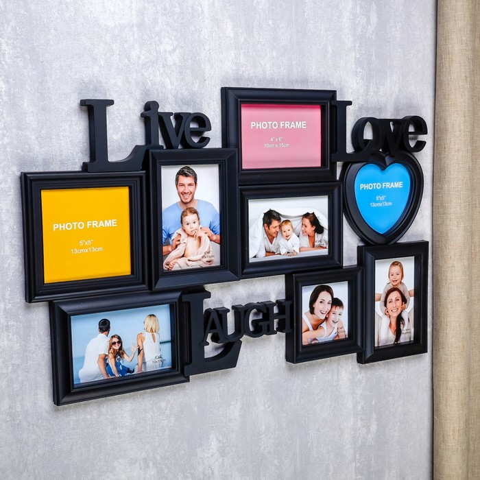 Фоторамка "Жизнь, любовь, смех" чёрная на 8 фото 10х10 см, 10х15 см, 13х13 см